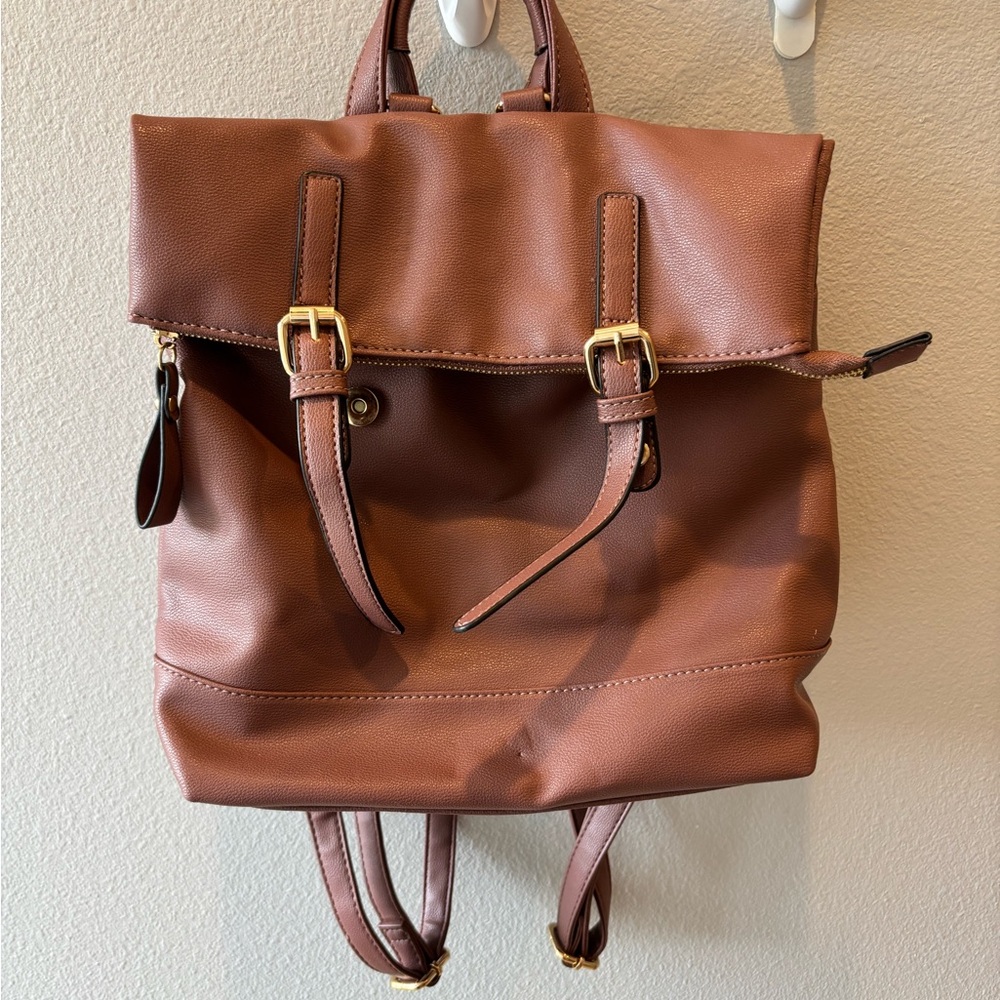 Mauve Faux Leather Backpack with Gold Buckles